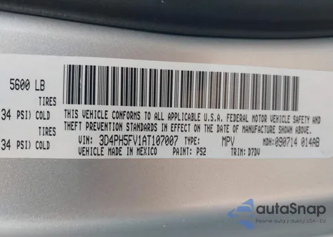 2010 Dodge Journey Sxt z USA, uszkodzony, nr VIN 3D4PH5FV1AT107007